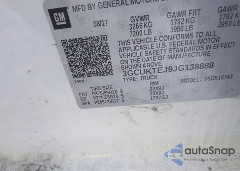 2018 Chevrolet Silverado 1500 High Country z USA, uszkodzony, nr VIN 3GCUKTEJ9JG138888